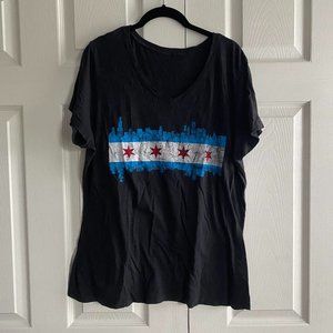Dark gray V-neck Chicago skyline/flag graphic tee